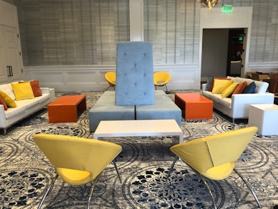 Biscayne Sofa with Carrot Ottomans, Bowl Chairs and Grey Banquette