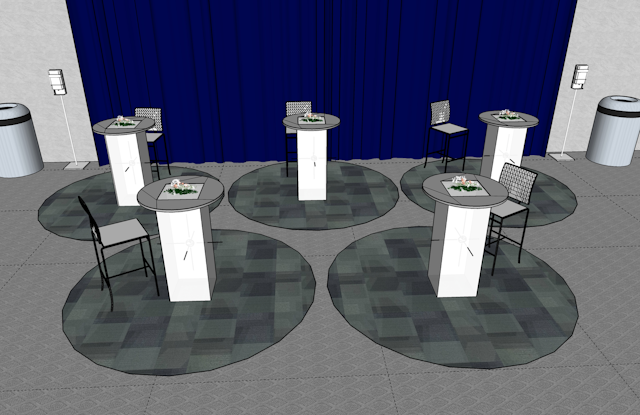 For dining, consider giving each guest a smaller round table, and use markings on the floor—such as a six-foot round carpet or vinyl appliqué—to keep attendees from gathering too closely.