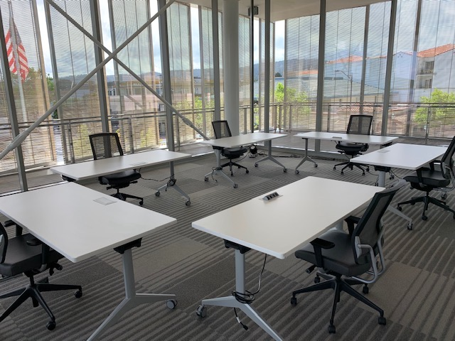 The Monterey Conference Center plans to use table configurations and signage to encourage physical distancing, such as signs marking one-way entrances and exits.
