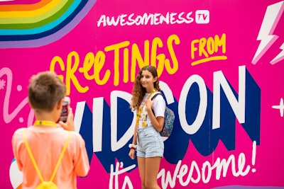 In 2019, VidCon drew some 75,000 attendees to the Anaheim Convention Center. Outside the venue, AwesomenessTV worked with Mirrored Media to create a colorful photo op. See more on last year's event: How VidCon Attracts 'the Most Media-Savvy Audience in the World'