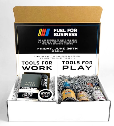 NASCAR worked with Gifts for the Good Life on a mailer to accompany the virtual version of its annual sponsors’ B-to-B conference in June. The box of gifts was separated into two sections: A 'Tools for Work' side included a custom magnetic desk set complete with a conference agenda, field notes, thinking putty, and screen cleaner, while a 'Tools for Play' side was a sponsored section of fun cocktail components.