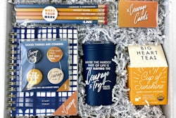 For a virtual conference hosted by author Rachel Hollis and The Hollis Co., Gifts for the Good Life created VIP mailers designed to encourage interaction and attendee excitement. The boxes were filled with branded swag that complemented the day-of programming, such as a tumbler that doubled as a can koozie, a pack of five custom pencils, four custom buttons, a set of “Courage Cards,” a journal, and a box of Big Heart Tea.