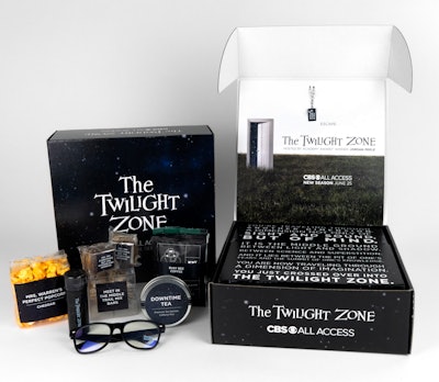 CBS All Access worked with Gifts for the Good Life to create interactive kits promoting the virtual premiere of The Twilight Zone. When the boxes were opened, the series theme song played via a light-activated sound chip. Inside, the lid of the box had a tag that said “open here”; when the panel was pulled down, it revealed a mirror that reflected a message printed in reverse. Inside the main box were two additional boxes, one containing a viewing kit and the other with snacks and treats themed to each episode. Since the mailer coincided with Black Lives Matter protests in June, CBS All Access modified the unboxing moment to include its statement and details on charitable efforts.