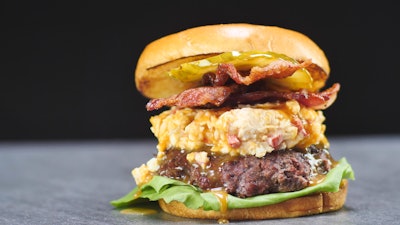 Pimento Cheese Bacon Burger with a Spicy Caramel Drizzle