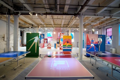 Italian sportswear company Fila ended a yearlong campaign celebrating the brand's original creative director, Pierluigi Rolando, with a colorful pop-up in Brooklyn in 2019. The tennis-theme space, which was produced and designed by The Gathery, paid tribute to Rolando (known for introducing color to tennis outfits in 1973) with a variety of vignettes and table tennis. Interactive stations for guests included a coloring book mural, where attendees could color in the newest campaign illustrations. See more: U.S. Open 2019: 22 Tennis-Theme Highlights From Sponsors and Satellite Events