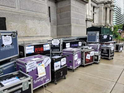 Stagehands and live event workers wheeled roadie boxes around Philadelphia City Hall on July 24.