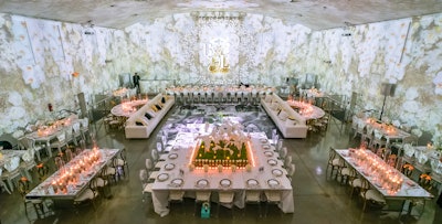 White floral wedding reception with projection mapping at The Temple House.