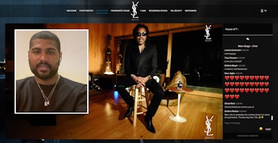 After about 30 minutes, guests were directed to the “main stage” tab for a live interview with Kravitz. It was filmed from the musician's recording studio at his home in the Bahamas, allowing guests a glimpse at his art, guitars, and surroundings. “When working with an icon like Lenny Kravitz, it’s often hard to allow an intimate engagement at a live event—and in fact, very often many guests even miss seeing the talent,” noted Ivanoff. “While it is virtual, this format does provide the opportunity for a very intimate connection between the guests and celebrity.” That type of intimacy and authenticity is also why the team opted to stream everything live, added Green. “While prerecorded content provides a more limited risk to technical issues, guests are appreciating that brands like YSL Beauté show up with live elements as well,” she said. “It provides that positive tension that anything can happen, just like at an IRL event.”