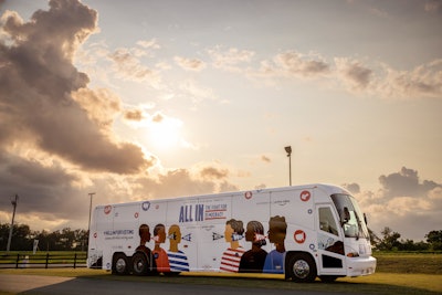 A fleet of five buses, featuring illustrations by artist Andrea Pippins, served as mobile spaces where citizens could register to vote, sign up to become a poll worker, check their current voter status, and participate in outdoor pop-up screenings of the documentary.