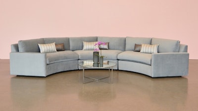 Taylor Creative’s Crosby Collection includes modular units upholstered in a gray velvet that can be paired together to create a 15-foot sofa. Available in left-facing, right-facing, and center pieces, the collection is available from the New York location and costs $350 per piece for up to a five-day rental period.