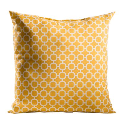 The marigold Regent pillow from CORT Events features a white link pattern. Pricing is available upon request; available nationwide.