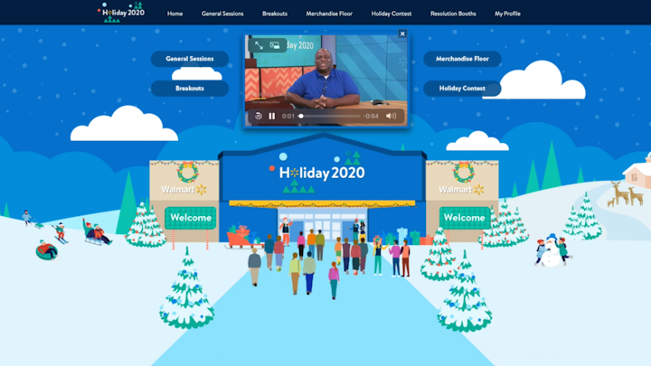 Walmart's annual U.S. Holiday Meeting included general sessions, breakouts, and an interactive virtual merchandise floor with videos of merchants talking about key products.