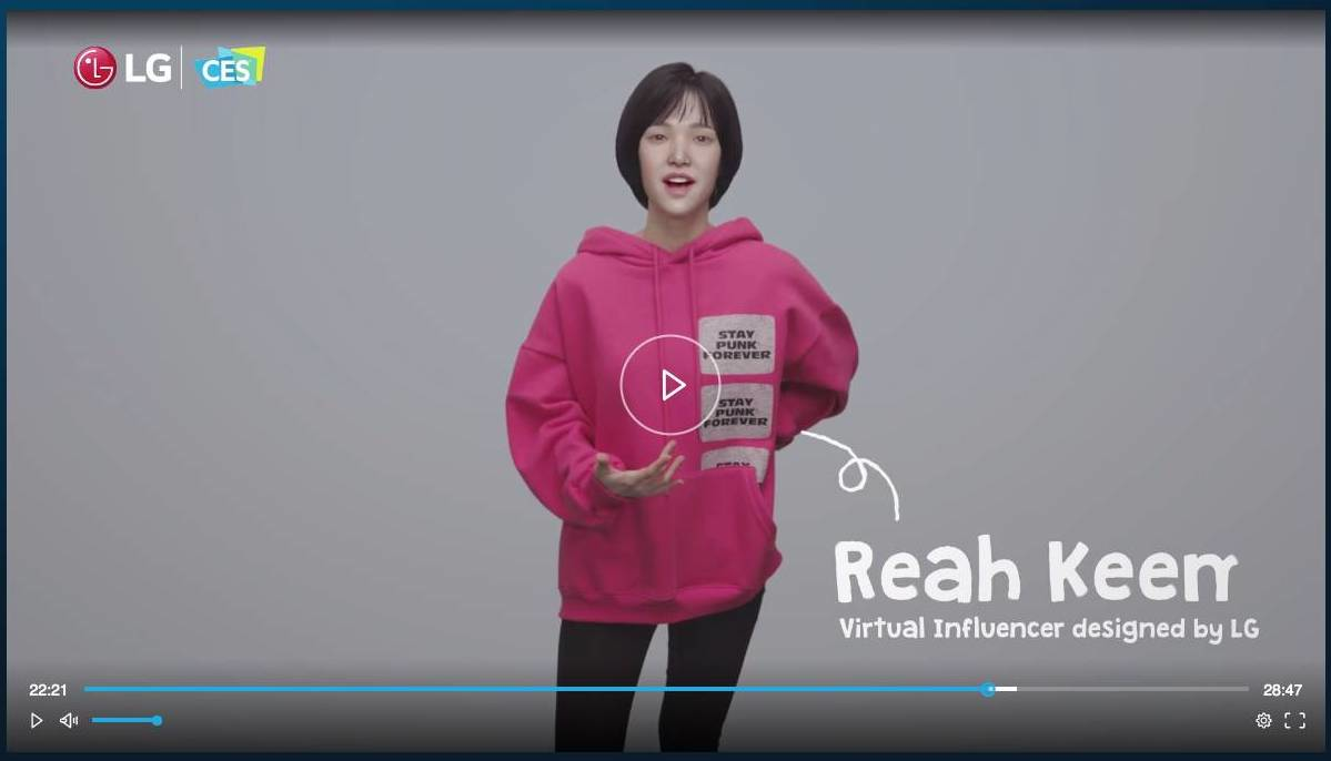 LG used a virtual influencer, Reah Keem, to announce the company’s new line of LG CLOi UV-C robots during its CES keynote.