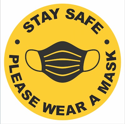 'Please Wear a Mask' 12-inch round decal from CORT Events works for vertical surface application such as entrance points. Price upon request. Available nationwide.