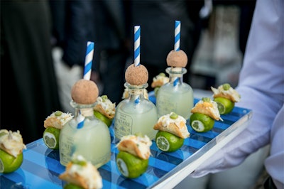 At a launch party planned and produced by Chandelier Events, founder and creative director Amy Shey Jacobs looked to Peter Callahan Catering for out-of-the-box bites and sips, which included margaritas served in petite Patrón bottles—paired with mini tacos.