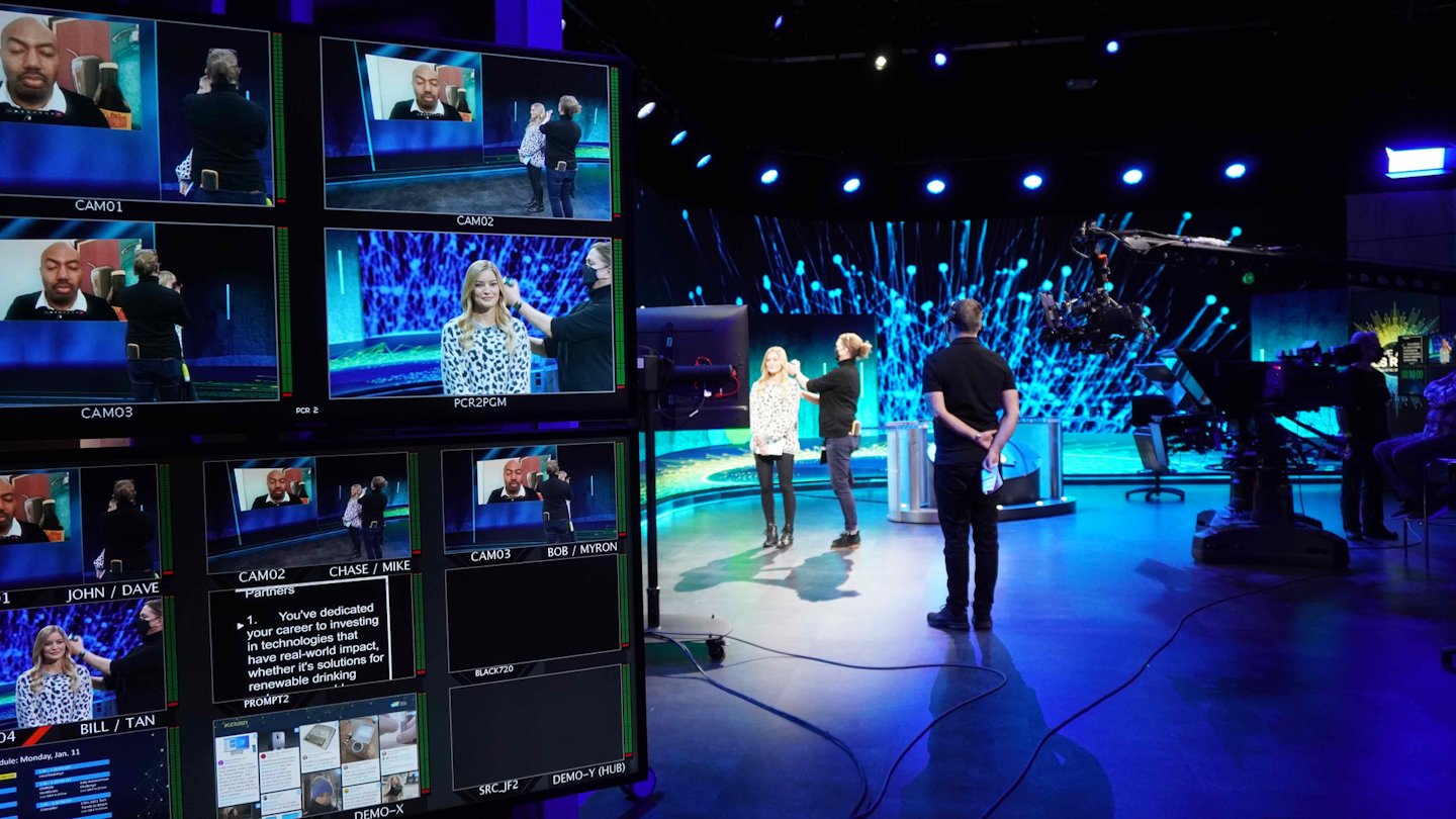 The anchor desk set, which followed COVID-19 protocols, was being broadcast live from the Microsoft Studios in Redmond, Wash.