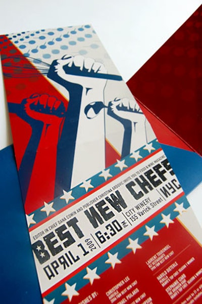 Steal some watch-party invitation inspiration from Food & Wine's 2009 Best New Chefs event in New York, which featured propaganda-style red, white and blue graphic design with a culinary tweak—a nod to Shepard Fairey's poster for Obama's 2008 campaign. See more: Inauguration Party Ideas: Going Red, White, and Blue—But Not Hokey
