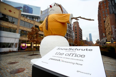 To welcome The Office to its library, American streaming service Peacock installed an 18-foot Dwight Schrute snowman, inspired by the sitcom’s “Classy Christmas” episode, in the heart of Manhattan’s Meatpacking District. The six-ton snowman debuted in mid-January, not-so-coincidentally near both World Snow Day and World Day of the Snowman on Jan. 17 and 18, respectively. The mission? “To demonstrate that Peacock is the best new home of The Office,” said Peacock’s SVP of brand marketing Jo Fox. “And to give people a reason to smile while taking out their phones to take a picture and post it on their socials” she added.