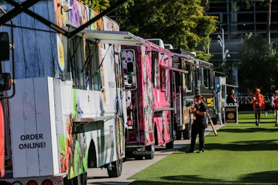 Food trucks, including Fishology, El Orgullo, Latin Fixins, Cold Stone Creamery, Fresh and Fast 305 and more, line up at the tournament.