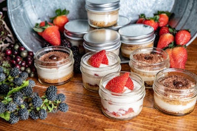 And for dessert, planners can choose from a selection of strawberry shortcake, tiramisu or mud pie in a jar for a COVID-friendly dessert that will give guests 4 ounces of sweetness. Prices per dessert start at $5.75 per mason jar.