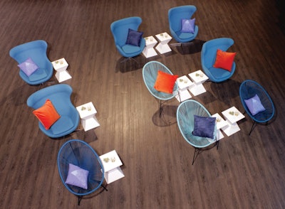 With social distancing in mind, Loungeworks Inc. created a seating arrangement for a micro-event in Vancouver complete with stylish seating positioned 6 feet apart.