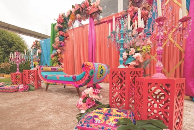 For this Sangeet in Surrey, British Columbia, local event decor and design company Universal Decor was tapped to bring the outdoor celebration to life with bright colors and photo-worthy backdrops.