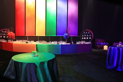 For the Emmys event, organizers continued the theme by creating dining sections dominated by red, orange, yellow, green, blue or purple hues and by using backdrops featuring all of the shades in the bar setups. La Premier added to the color-blocked look with floral arrangements in coordinating colors. See more: Emmy Awards 2014 Spotlight: Inside the Week's Top Events