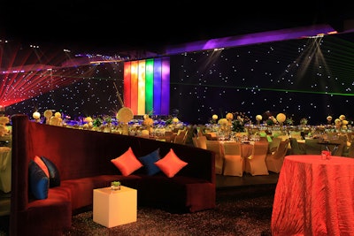 At the Emmy Awards’ Governors Ball in 2014, Sequoia Productions turned to LED lights—and Versa tubes and dynamic lasers—to create a lively “kaleidoscope of color” theme at the event, which hosted more than 3,600 guests following the telecast. Bright throw pillows and tablecloths enlivened lounge areas that dotted the hall, while shadow dancers from the Debbie Allen Dance Academy performed alongside the venue’s perimeter.