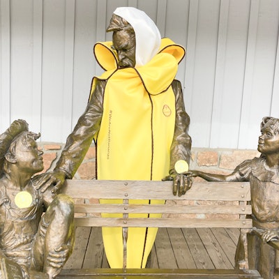 This Mark Twain sculpture in Jackson, Wyo., features the writer and his characters, Tom Sawyer and Becky Thatcher, but only one of them wears the banana suit.