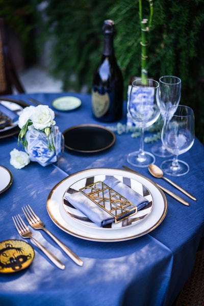 In the wake of COVID-19, Beverly Hills-based boutique event agency Plan A pivoted from producing large-scale events to curating designs that could work for smaller functions. One of which included this Asian Serenity-themed tablescape made up of a medley of calming blues with metallic accents. See more: 6 Stylish Tabletop Looks to Inspire Your Small Dinner Parties