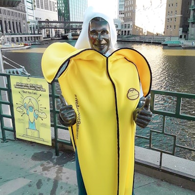 The Fonz statue in Milwaukee wears the bright yellow banana suit that includes the brand's logo and the hashtag #WeAreNotBananas.