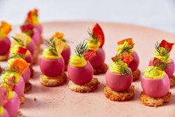 New York-based Abigail Kirsch put a colorful spin on deviled quail eggs for springtime hors d'oeuvres.