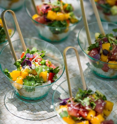 Tuna poké bowl station, anyone? Forks & Fingers Catering in Connecticut created a petite version of the fresh dish for passed apps during a cocktail reception.