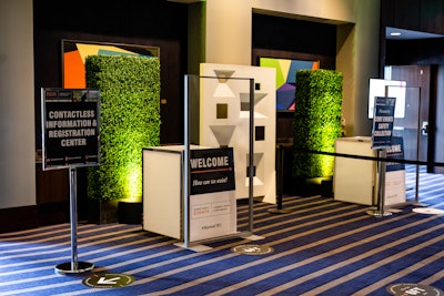 Marriott's Hybrid Event Learning Labs are 90-minute, immersive sessions designed to educate meeting professionals on how to plan and execute a hybrid meeting. Pictured: A safe registration area example, displayed at the Marriott Marquis Houston’s Learning Lab in April.