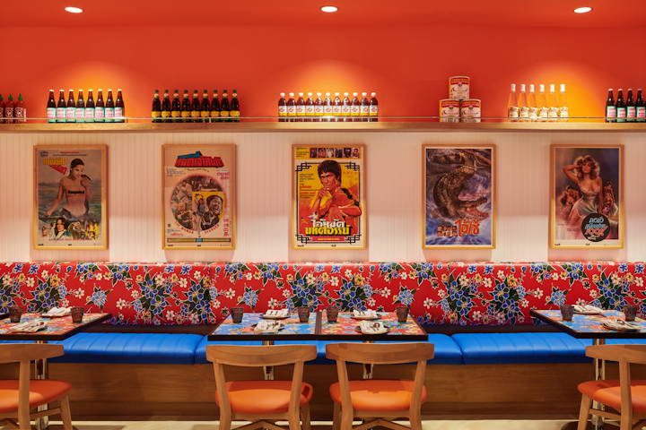 Night + Market Vegas at the Virgin Hotel, the Las Vegas outpost of chef Kris Yenbamroong&rsquo;s popular Thai street food restaurant, adjoins the casino and lobby of the new Virgin property with a bright, lively atmosphere; the eatery opened this spring when the new resort debuted in the former Hard Rock space. The 150-seat restaurant incorporates bright colors and patterns, as well as a dazzling disco ball installation suspended around the perimeter from Avenue Interior Design. A polished chrome bar serves as the high-design venue&rsquo;s centerpiece.