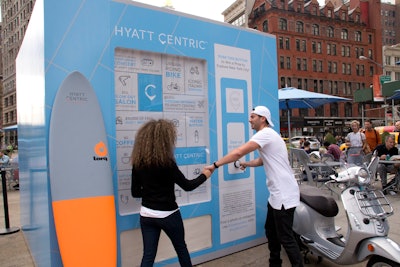 Hyatt Centric, a Hyatt hotel brand aimed at millennial travelers, launched a pop-up activation dubbed the 'explorer vending machine' in New York in October 2016. The structure, produced by Awestruck Marketing, offered more than 1,600 travel-themed prizes that were advertised on a grid. Prizes included $10,000 worth of Hyatt gift cards, $5,000 weekend getaways to a Hyatt hotel of choice and a Shinola Detroit Arrow bicycle. Once passersby posted a photo of their favorite destination to Instagram with the hashtags #HyattCentric and #Sweepstakes, they could participate in the activation by pressing a large white button to win a prize at random. See more: Why This Vending Machine Gave Out Limo Rides