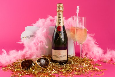 Pop Bottles Box- includes bottle of bubbly, branded flutes, boa, and custom branded packing tape and insert.
