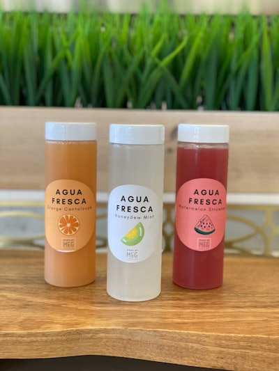 Individually jarred house-made non-alcoholic aguas frescas, from Made by Meg in Los Angeles