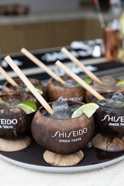 Shiseido-branded coconuts held mixed drinks and juices.