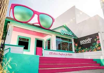 The new goodr Cabana is located at 1348 Abbott Kinney Blvd. in Venice Beach, Calif. “Even from the exterior, before you even step inside, you know the brand plays by their own very fun rules,” explained Jasen Smith of Experiential Supply Co., whose team helped build the experiential space.
