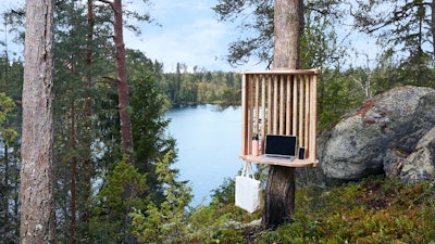 The Viita workstations were made in collaboration with creative agency TBWA Helsinki and Finnish design company Upwood. They include a telephone and cup holder, a laptop area, a place for pens and a spot to hang a bag or purse. The workstations are attached to trees in such a way as to not harm them during installation and removal.