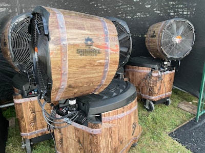 The evaporative cooling fans were wrapped to look like bourbon barrels.