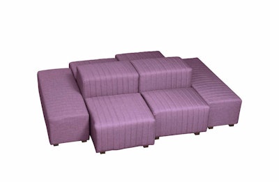 CORT Events’ channel-stitch modular ottoman system in lavender fabric works with the company’s Beverly Bench ottomans to create small, stand-alone seating configurations. Pricing is available upon request.