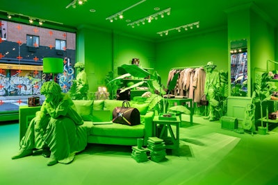 In July 2019, Louis Vuitton proved that a monochromatic color scheme can be anything but boring. To launch the latest collection by its men's creative director, Virgil Abloh, the brand’s in-house event team created a pop-up activation in New York that was painted entirely in eye-catching neon green—complete with a matching bicycle, garbage bags and a mailbox for extra city grit. (Abloh even took to his Instagram encouraging fans to meme the side of the store as a green screen.) Once inside, the neon green mania continued, powder-coated on everything from a living room vignette complete with live plants and a special 8-bit video game playable on a, you guessed it, neon green TV set. See more: See How Gucci, Chanel, and Louis Vuitton Do Pop-Ups
