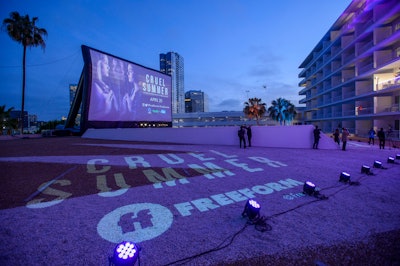 Freeform’s “vertical screening” for Cruel Summer took over 80 rooms at the Beverly Hilton. Each room had a balcony with a prime view of a 70-foot-wide screen on the adjoining rooftop.