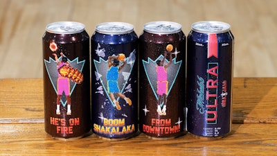 NBA Jam-inspired cans featuring iconic catchphrases and images from the game were available at the bar, other Cleveland locations and at Rocket Mortgage FieldHouse. The brand also launched EnjoyItLikeIts1993.com, a '90s-styled website where fans can buy merchandise and items including a custom NBA Jam x Ultra arcade console.