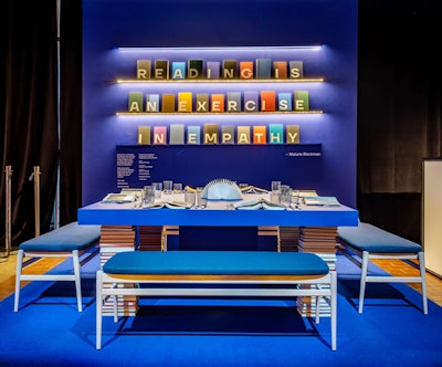 Stacked books also created an unconventional look at Novita Communications and Maiarelli Studio's vignette during Diffa's 2019 Dining by Design event in New York. The installation aimed to connect reading with the feeling of empathy. Instead of plates, open overturned books covering the topic of AIDS occupied the place settings, and stacks of books served as table legs. See more: 18 Dining and Tabletop Ideas From Diffa's 2019 Dining by Design