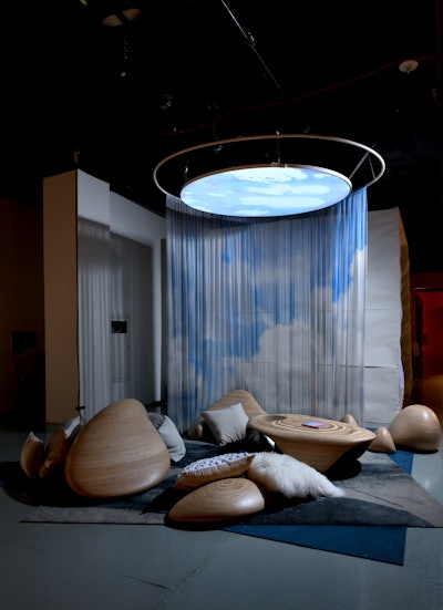 “Looking Up,” a celestial lounge installation created by the LAB at Rockwell Group, offered a moment of zen, inviting guests to gather, sit and reflect within a shifting, interactive skyscape. Furnishings were provided by The Rug Company, Wallpaper Projects, Shaw and Timbur.