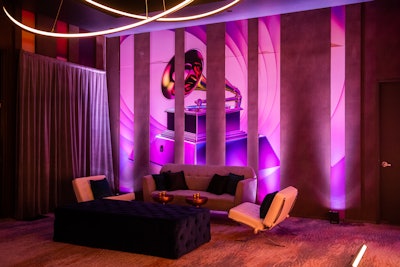 Angel City Designs turned the space into a branded lounge by creating custom wallpaper from the Grammys’ on-air graphics package. The wallpaper was used to cover the walls of the existing space.