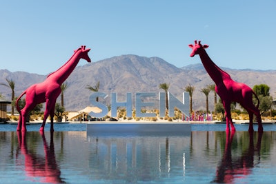 Another out-of-the-box—and attention-grabbing—moment from SHEIN's Zeuphoria? A series of massive, hot pink giraffes that framed an oversized SHEIN logo and the surrounding mountains.
